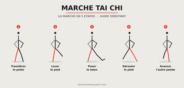 Notre blog 8 Marche Tai Chi : les 5 étapes du pas — transférer le poids, lever le pied, poser le talon, dérouler le pied, avancer l'autre jambe.